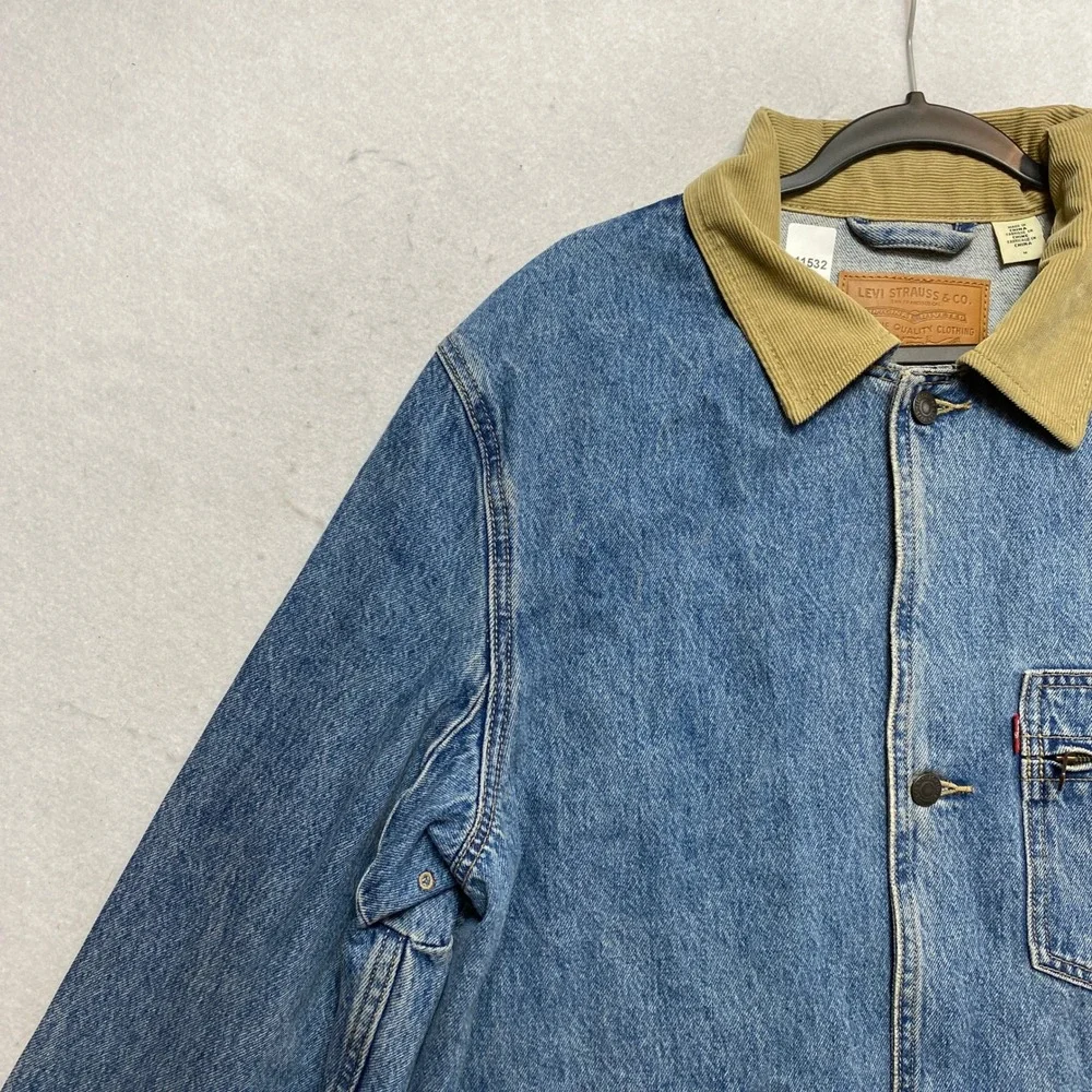 Levi's Premium Chore Coat Mens Medium Blue Denim Corduroy Collar Barn Jacket
